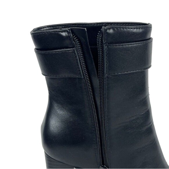 Black Ankle Boots Womens SZ 9 Zip Buckle Block Heels Faux Leather Classy NEW - Picture 15 of 16